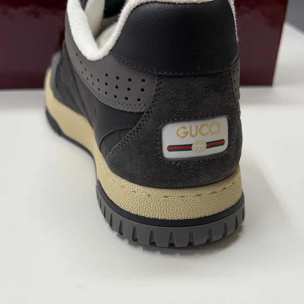 Gucci mens Gray and Black Sneakers with Red and Green Accents